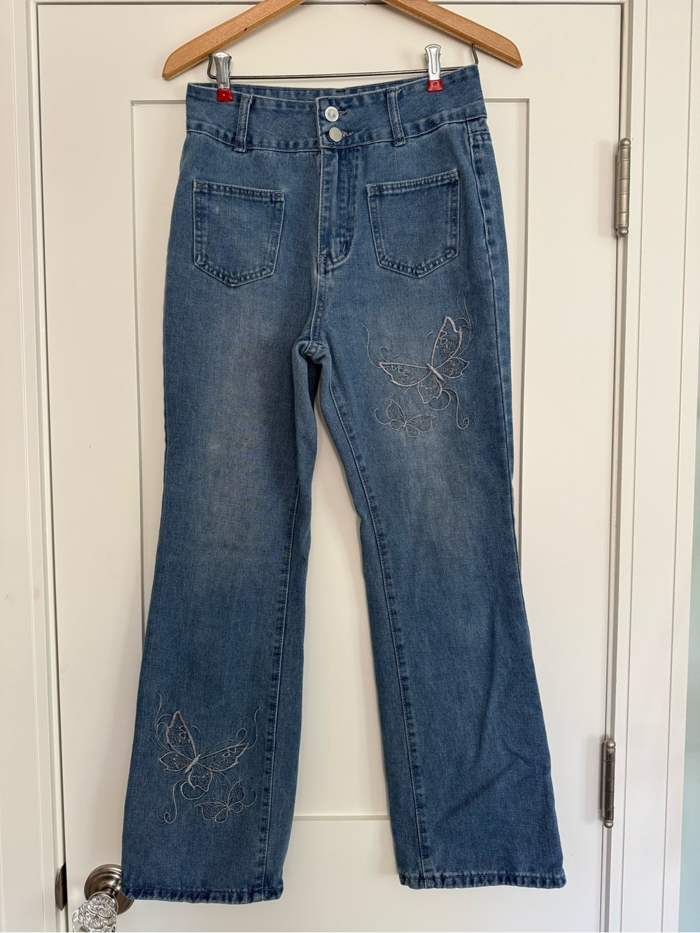 High-Rise Blue Embroidered Butterfly Wide-Leg Jeans